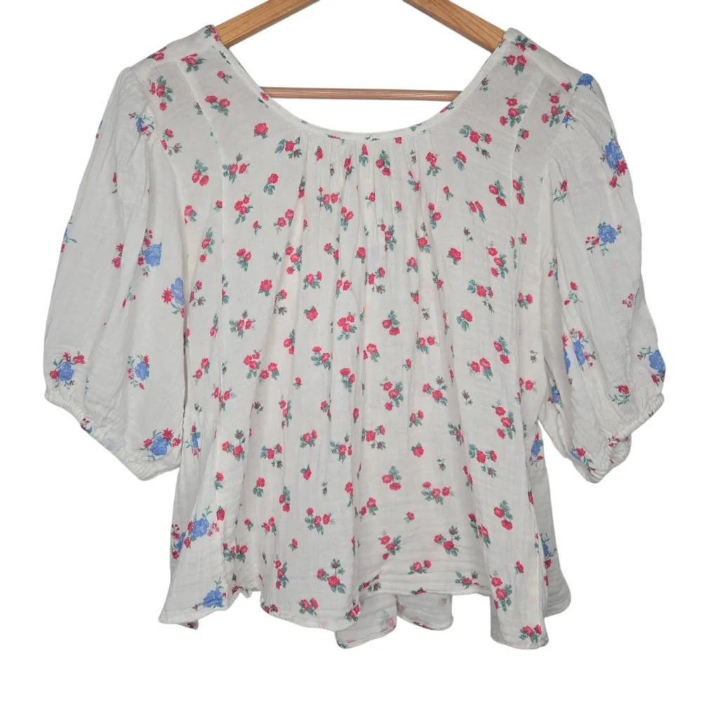 Free People White Floral Peasant Blouse with Pink & Teal Flowers